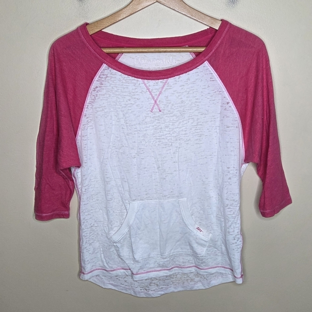 Aeropostale Pink White Burnout 3/4 Sleeve Baseball Tee with Front Pocket Size XS